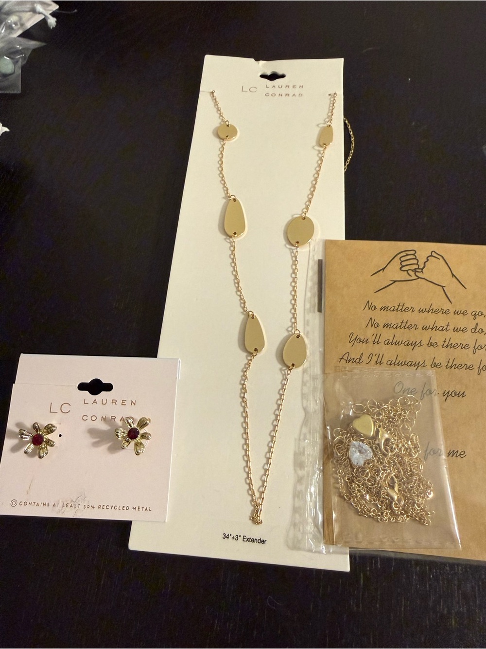 NWT Lauren Conrad Gold Teardrop Long Necklace & Flower Stud Earrings Lot of 3
